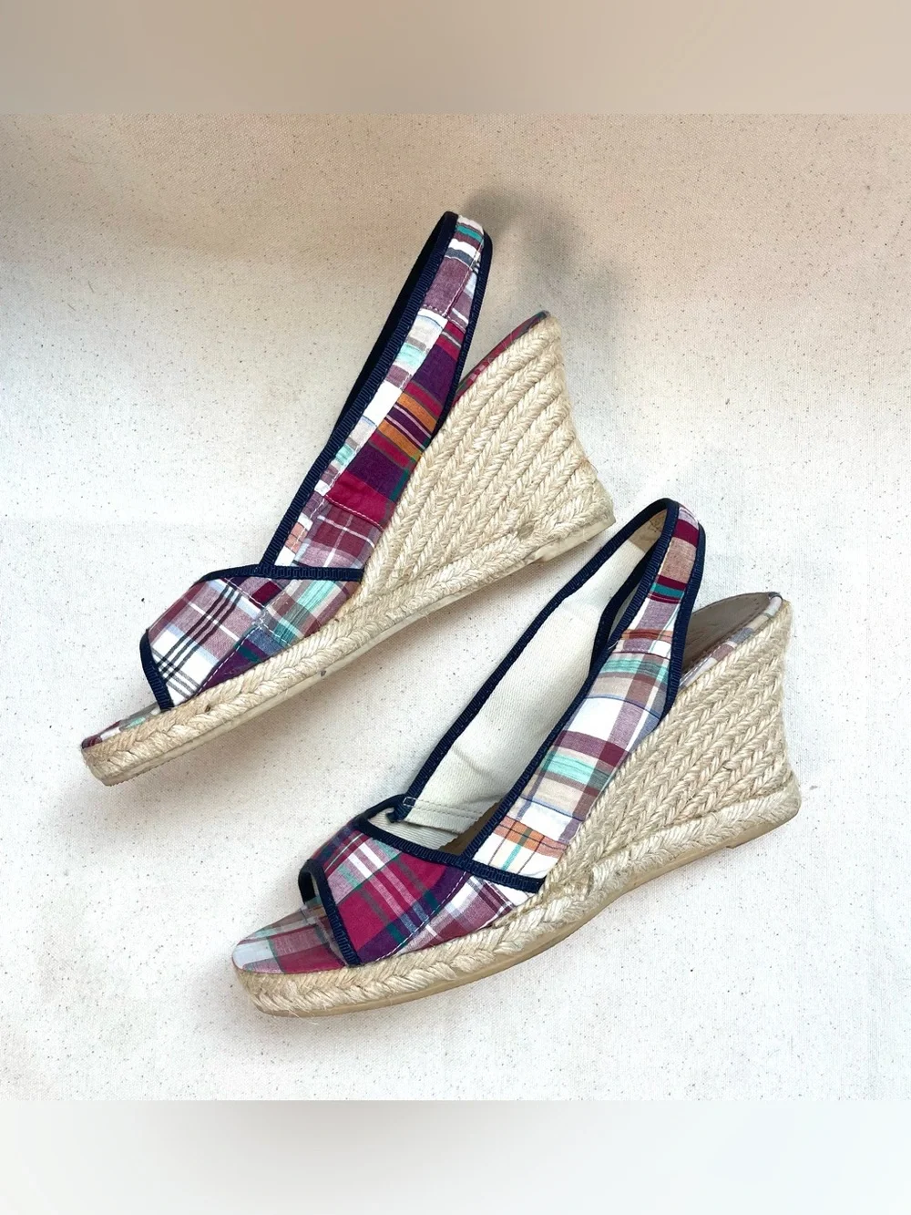 J. Crew Pink Plaid Espadrille Wedge Sandals